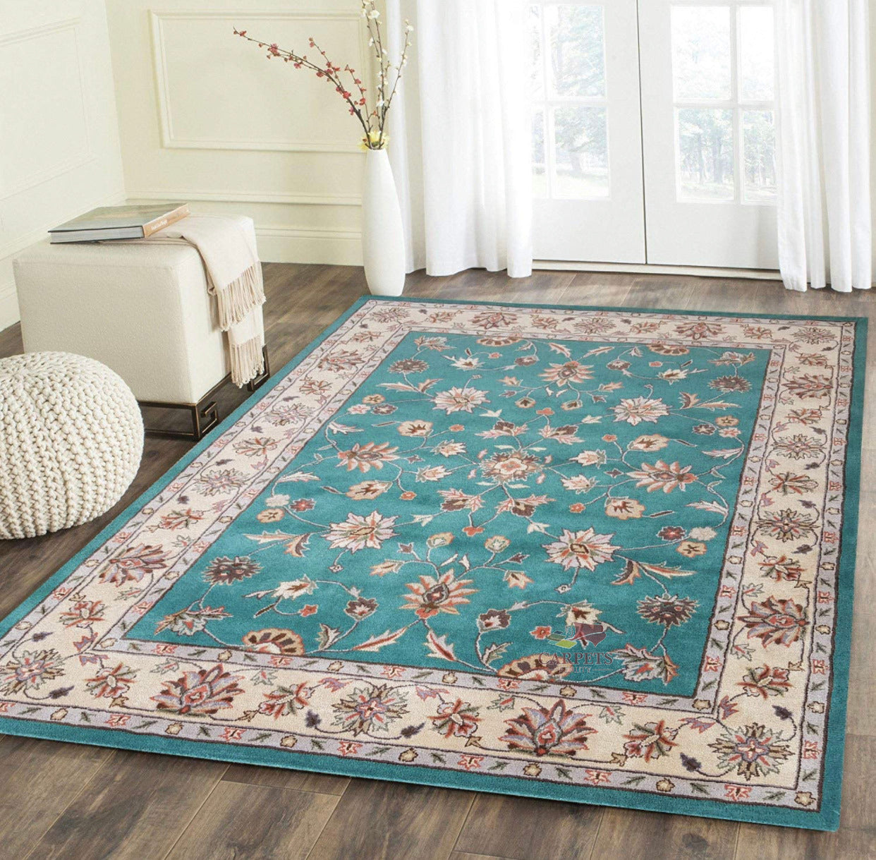 Green colored designer persian carpet for your home