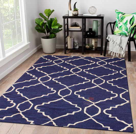 Blue Geometric Woolen Rug for bedrooms and drawing living rooms