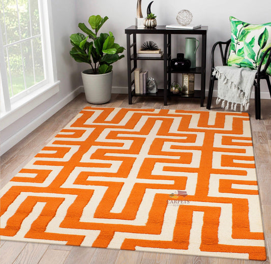 Beautiful Orange & White Geometric Woolen Rug for bedrooms and drawing living rooms