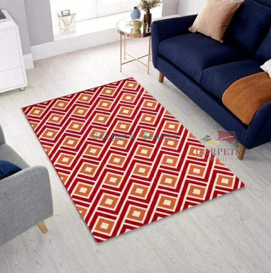 Red Geometric Woolen Rug for bedrooms and drawing living rooms