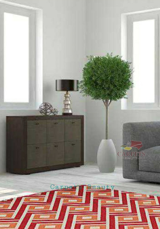 Red Geometric Woolen Rug for bedrooms and drawing living rooms