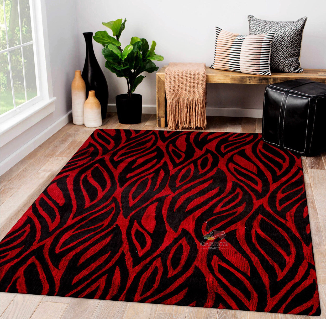 Beautiful red black Leaf pattern Woolen Rug for bedrooms and living rooms