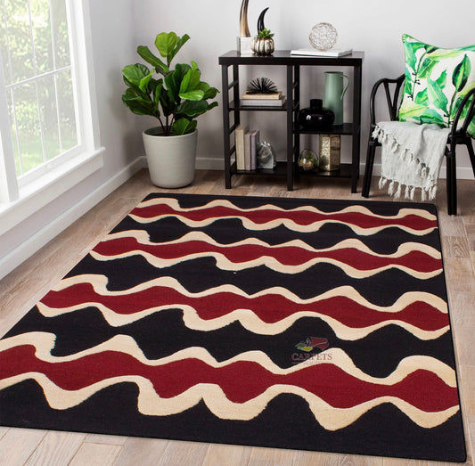 Red Black Waves Pattern Woolen Carpet for bedrooms and living rooms